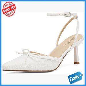 Pointed Toe Kitten Heel Lace Pumps Ankle Strap Wedding Dress Shoes